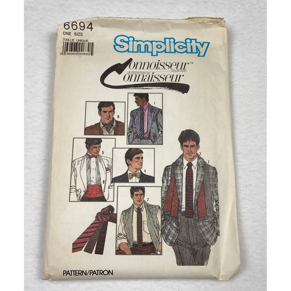 Simplicity 6694 Men Accessories Sewing Pattern Ties Ascot Cummerbund 1984